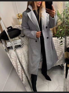 Elegancki płaszcz damski w ciemnoszarym kolorze  w jodełkę